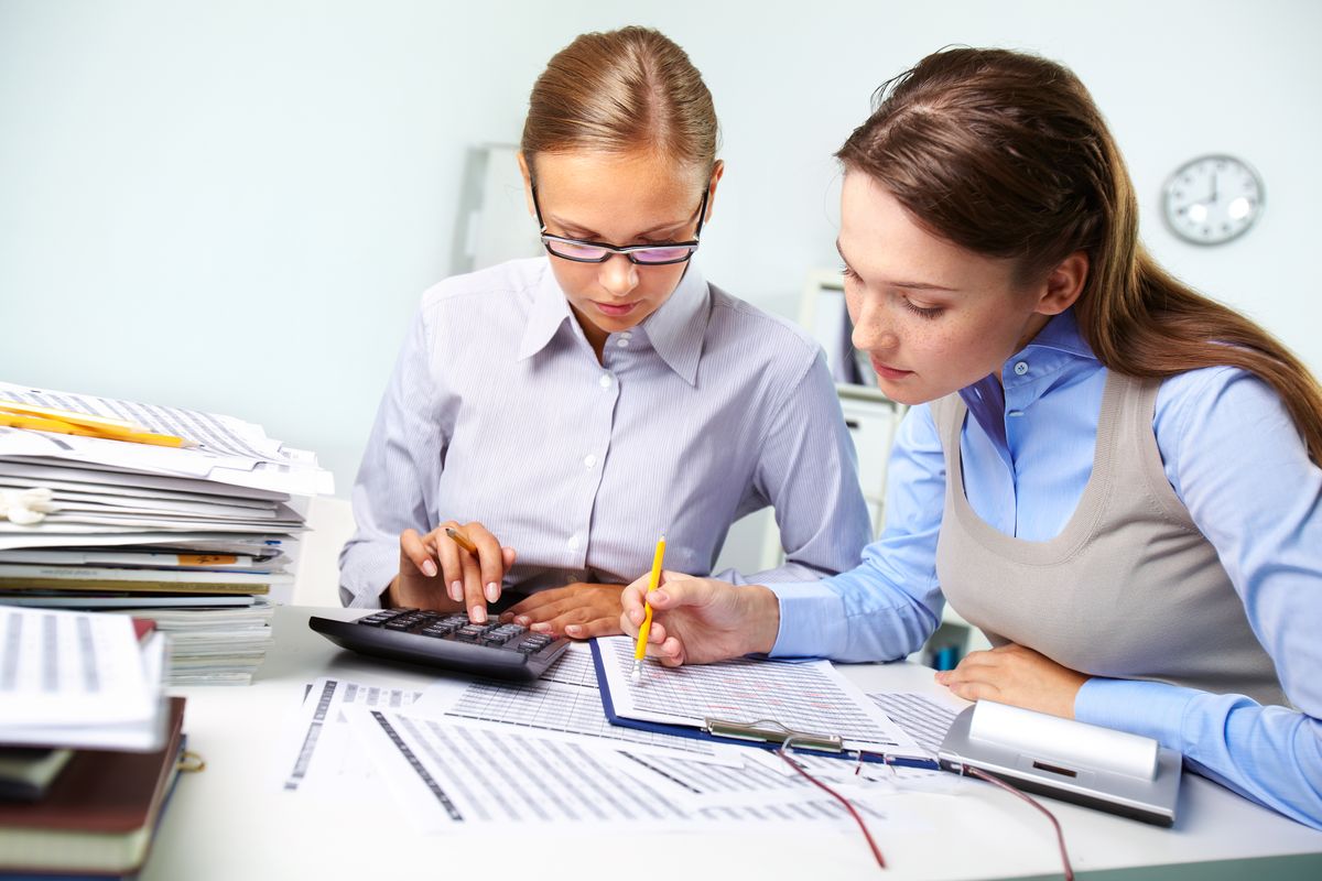 Two accountants working through a client's books together